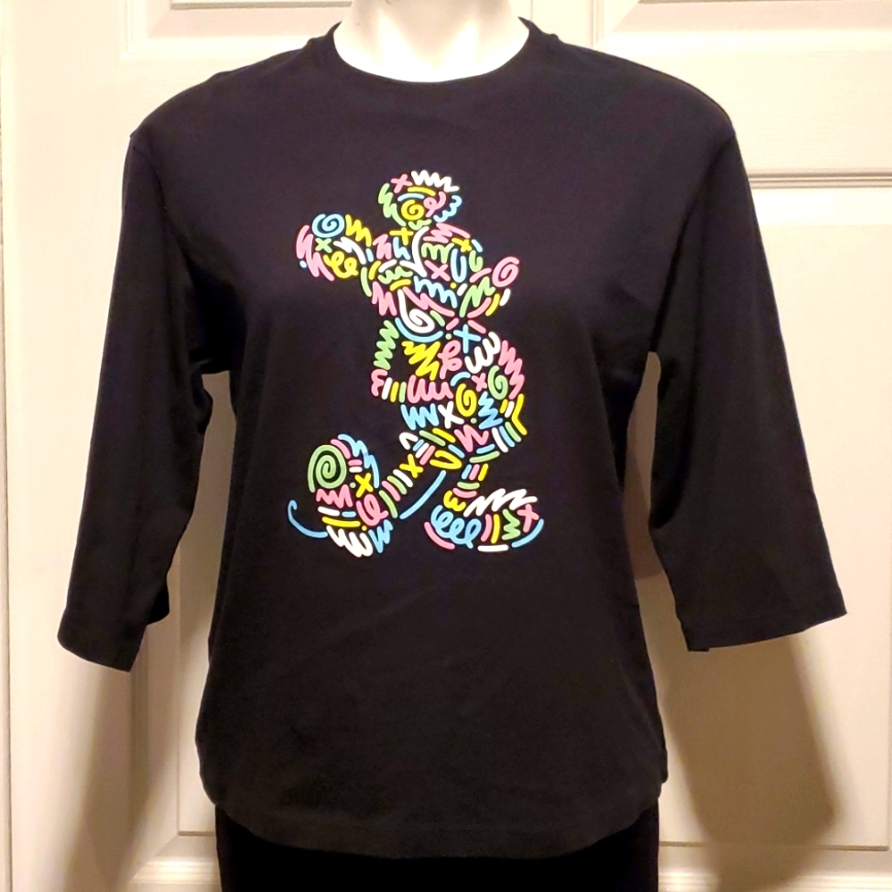 Disney X Mickey Mouse Women's Black 3/4 Sleeve Graphic Tee - Size Small
